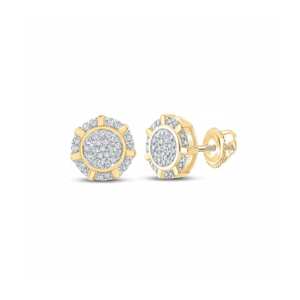 The 1/5CTW Round Diamond Cluster Earrings in 10K yellow gold feature sparkling diamonds at the center and along the edges, beautifully displayed against a white background.