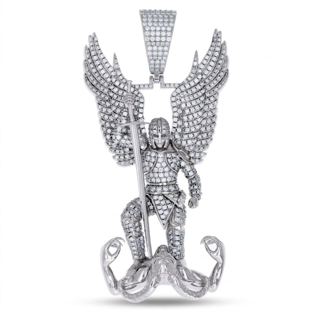 The Sterling Silver Moissanite St. Michael Pendant showcases a winged armored knight with sword atop a subdued figure, blending religious symbolism and brilliance in polished silver.