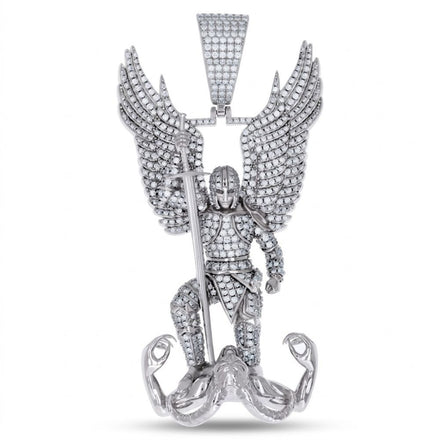 The Sterling Silver Moissanite St. Michael Pendant showcases a winged armored knight with sword atop a subdued figure, blending religious symbolism and brilliance in polished silver.