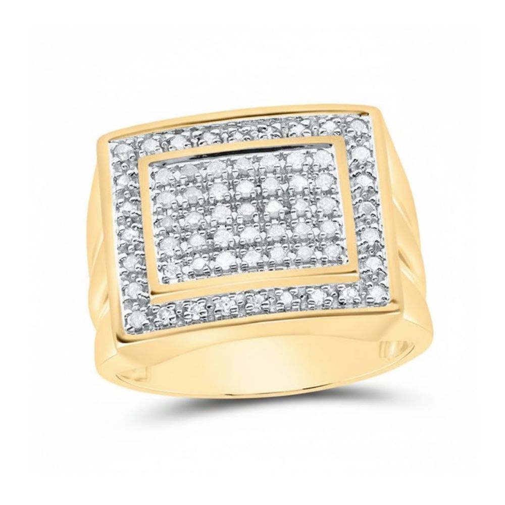 The 10k Yellow Gold Diamond Square Ring 1/2 CT features a bold square face set with numerous sparkling diamonds in a grid, bordered by a double diamond row.