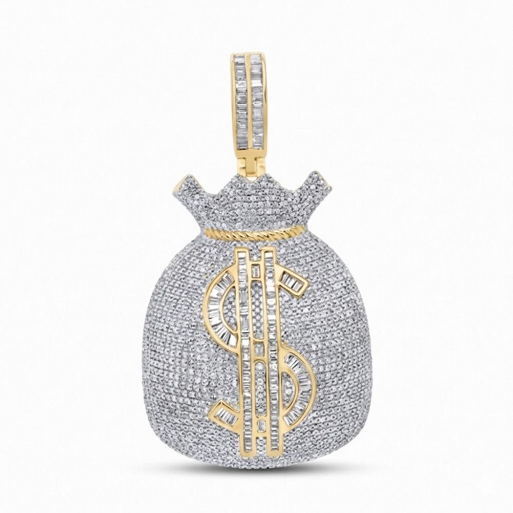 The 10K Gold Diamond Money Bag Pendant 4 1/3CTW features a diamond-encrusted money bag charm with a gold dollar sign, crafted in 10K yellow gold with detailed gold accents and set against a white background.