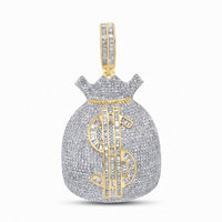 The 10K Gold Diamond Money Bag Pendant 4 1/3CTW features a diamond-encrusted money bag charm with a gold dollar sign, crafted in 10K yellow gold with detailed gold accents and set against a white background.