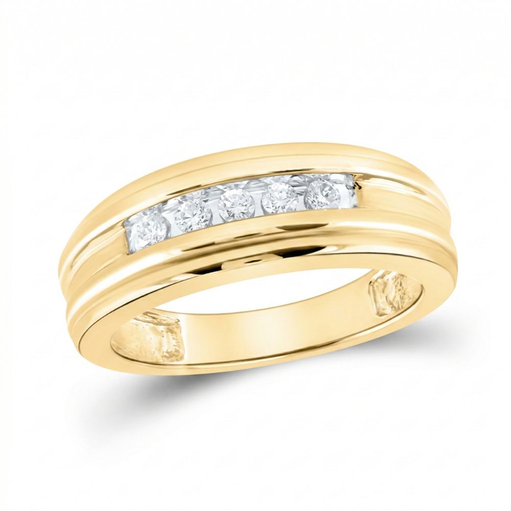 The 14k Yellow Gold Diamond Wedding Band 1/4 Cttw features a polished finish and a single row of five round diamonds in a horizontal channel, creating an elegant band perfect for any occasion.