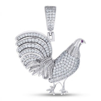 The Sterling Silver Men’s Moissanite Rooster Pendant features a detailed rooster design with moissanite stones throughout and a vivid purple gem eye, creating an ornate wildlife jewelry piece for men.