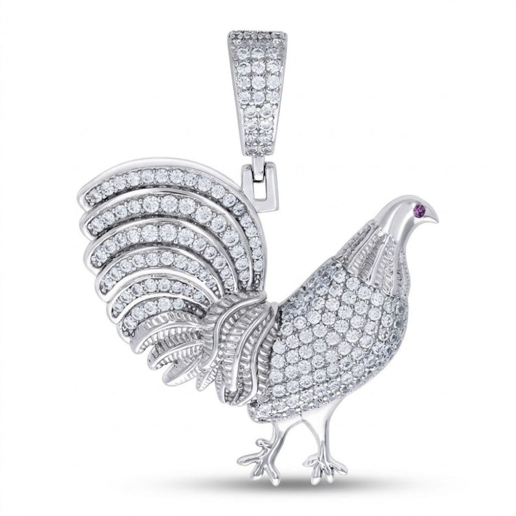 The Sterling Silver Men’s Moissanite Rooster Pendant features a detailed rooster design with moissanite stones throughout and a vivid purple gem eye, creating an ornate wildlife jewelry piece for men.