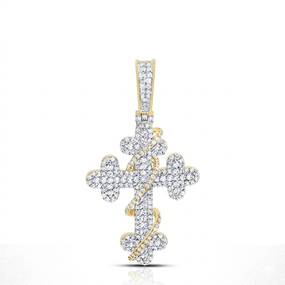 The Diamond Cross Charm 3/4CT in 10K yellow gold features a decorative twisted accent and sparkling diamonds, shown on a white background.