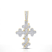 The Diamond Cross Charm 3/4CT in 10K yellow gold features a decorative twisted accent and sparkling diamonds, shown on a white background.