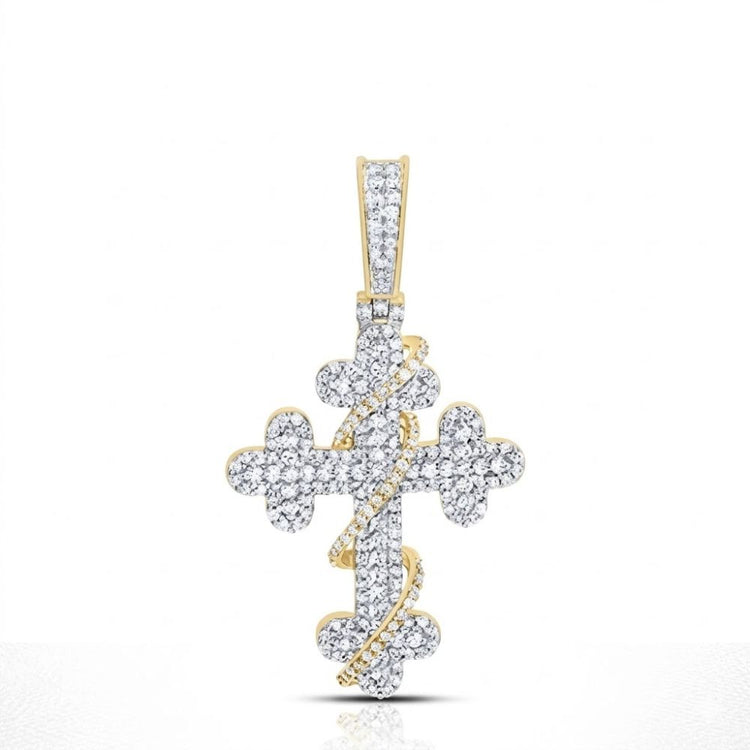 The Diamond Cross Charm 3/4CT in 10K yellow gold features a decorative twisted accent and sparkling diamonds, shown on a white background.