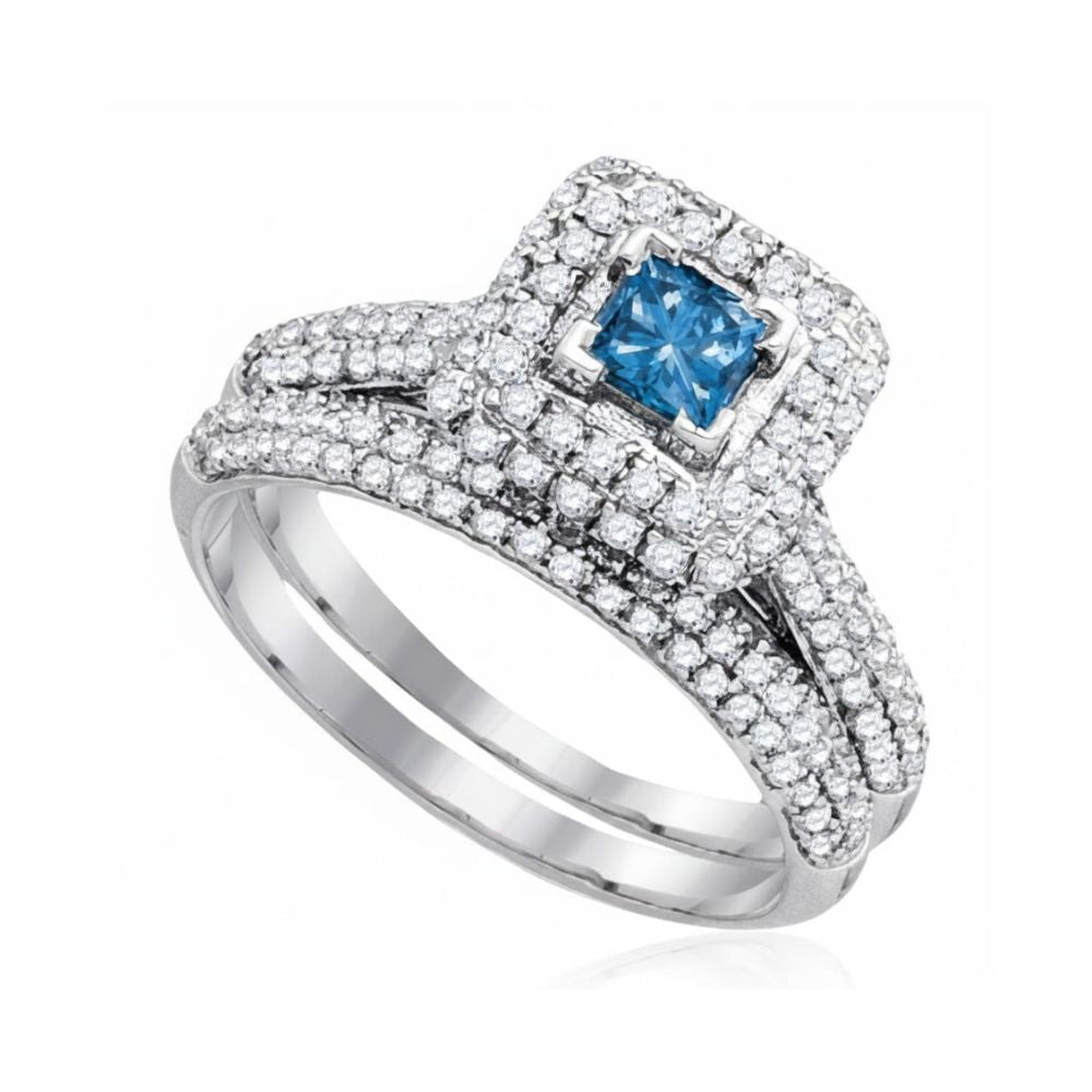 The 14k White Gold Round Blue Diamond Bridal Ring Set features a vibrant blue diamond center, accented by sparkling clear diamonds and intricate pavé detailing on elegant white gold bands.