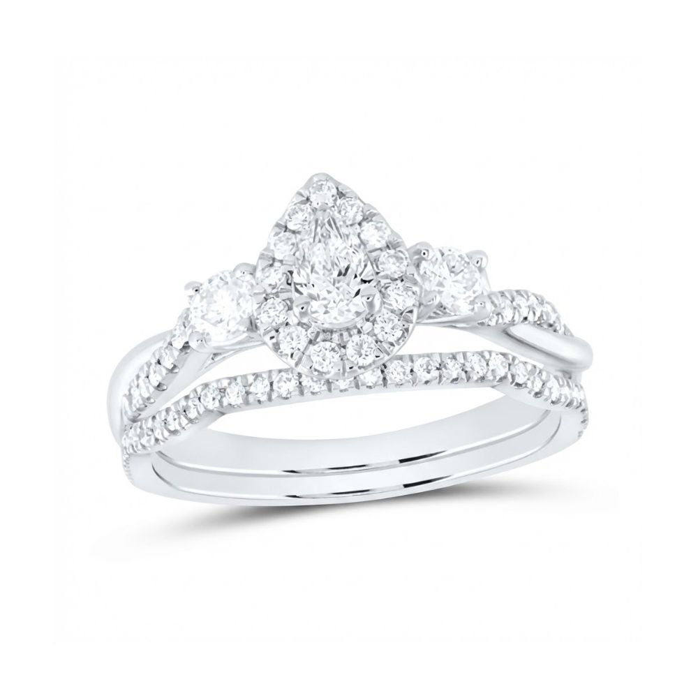 14k White Gold Pear Diamond Halo Wedding Ring Set