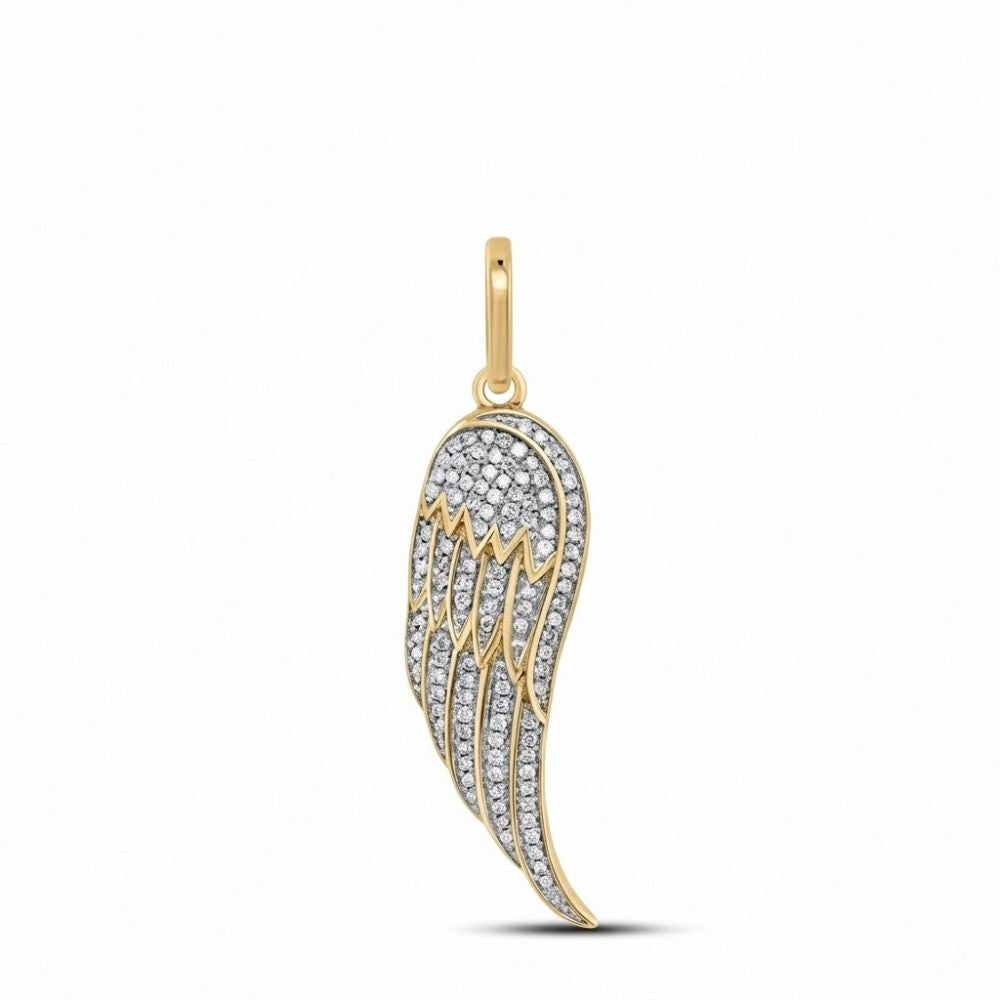 The 10K Gold Diamond Feather Wing Pendant 1/3 CTTW features an angel wing design with sparkling white diamonds set in a detailed feather pattern, finished with a gold loop—an elegant choice for your chain.