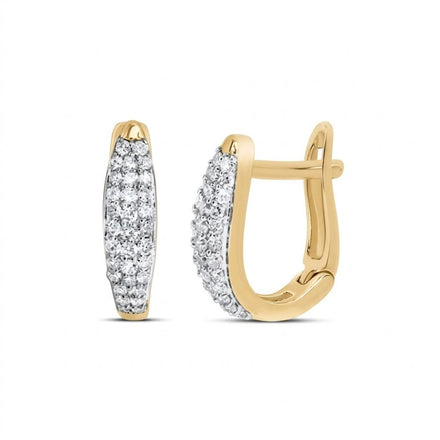 The 1/4CT Diamond Hoop Earrings in 10K yellow gold feature sparkling diamonds along the front surface and are displayed from front and side angles on a white background.