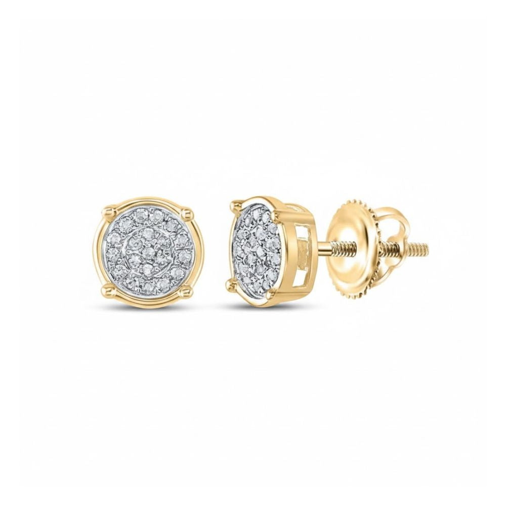 The 10k Yellow Gold Round Diamond Circle Cluster Earrings feature a center cluster of small diamonds and secure screw-back posts, shown from both front and side views.
