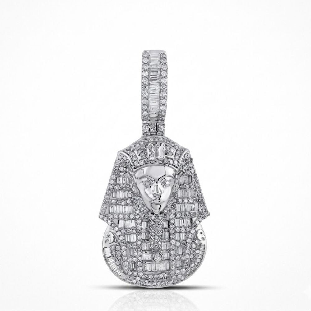 The Sterling Silver Round Diamond Pharaoh Charm Pendant, 2-1/2 cttw, features a detailed Pharaoh face and headdress encrusted with diamonds for classic hip hop style, shown here against a plain white background.