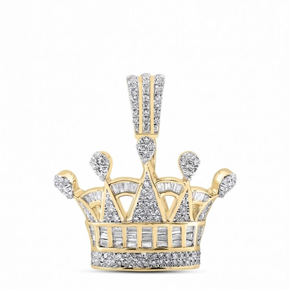 The Diamond Crown Pendant 7/8 CTTW 10K Gold features a crown-shaped design in yellow gold, adorned with clusters of sparkling diamonds on its five points and a diamond-encrusted bail—part of Nicole’s Dream Collection.
