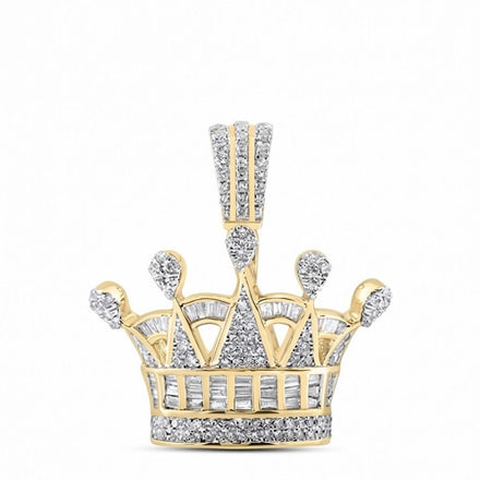The Diamond Crown Pendant 7/8 CTTW 10K Gold features a crown-shaped design in yellow gold, adorned with clusters of sparkling diamonds on its five points and a diamond-encrusted bail—part of Nicole’s Dream Collection.