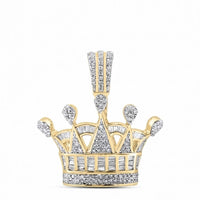 The Diamond Crown Pendant 7/8 CTTW 10K Gold features a crown-shaped design in yellow gold, adorned with clusters of sparkling diamonds on its five points and a diamond-encrusted bail—part of Nicole’s Dream Collection.