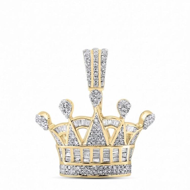 The Diamond Crown Pendant 7/8 CTTW 10K Gold features a crown-shaped design in yellow gold, adorned with clusters of sparkling diamonds on its five points and a diamond-encrusted bail—part of Nicole’s Dream Collection.