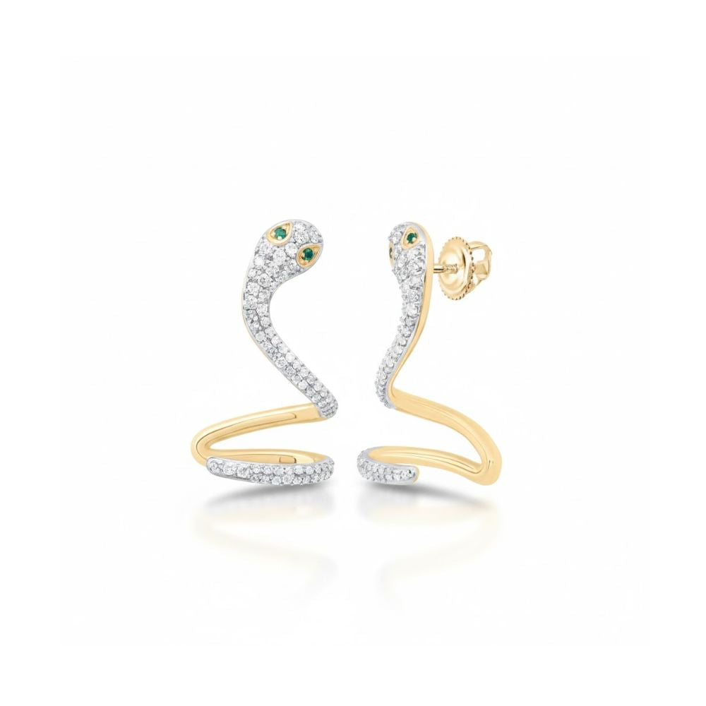 3/4CTW Diamond & Emerald Snake Earring 14k Gold close-up detail - GOLDZENN