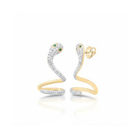 3/4CTW Diamond & Emerald Snake Earring 14k Gold close-up detail - GOLDZENN
