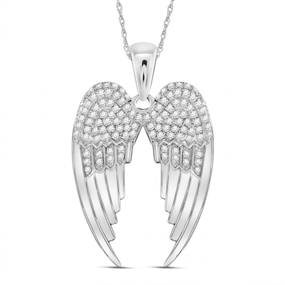 The Diamond Angel Wings Pendant 3/8 CTTW in Sterling Silver features gently curved wings adorned with sparkling diamonds and suspended from a fine chain, creating an elegant and delicate shimmer.