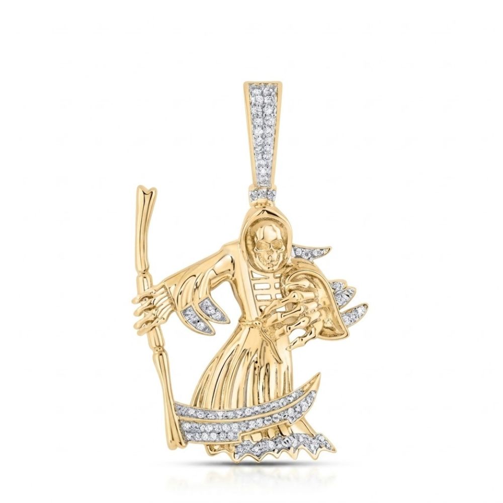 The Diamond Grim Reaper Charm 10k Gold Pendant features a hooded skeleton holding a diamond-studded scythe, with diamonds on its robe and bail—an eye-catching piece of natural diamond men’s jewelry.