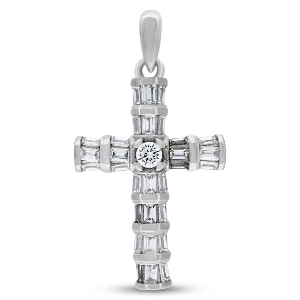 The 925 Sterling Silver Mens Baguette CZ Cross Pendant features baguette and round cubic zirconia with a central round gemstone and a smooth bail, creating a bold religious charm for men.