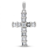 The 925 Sterling Silver Mens Baguette CZ Cross Pendant features baguette and round cubic zirconia with a central round gemstone and a smooth bail, creating a bold religious charm for men.