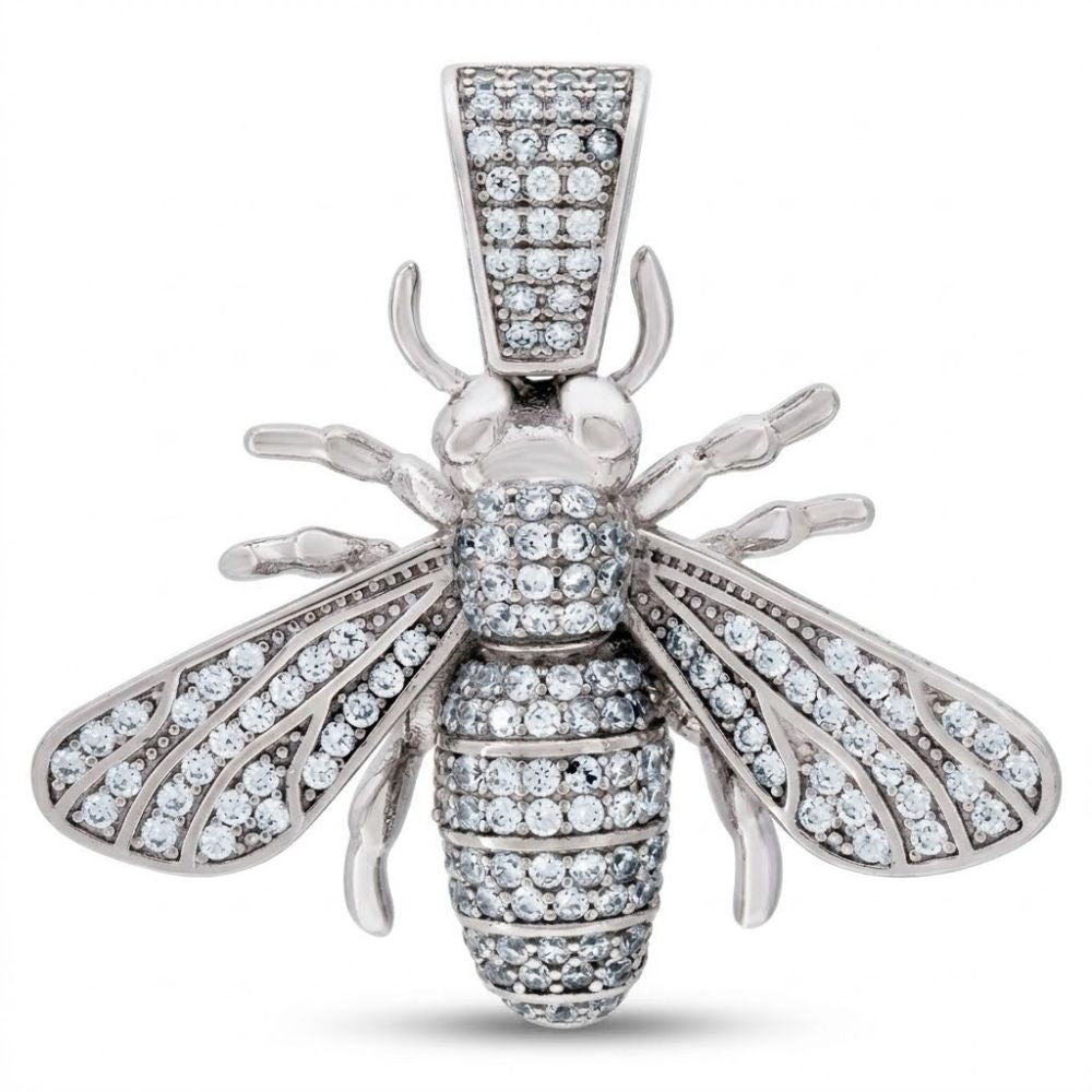 The 925 Sterling Silver Mens Bee Charm Pendant features sparkling clear cubic-zirconia stones on its wings, body, and bail, shown against a plain white background.