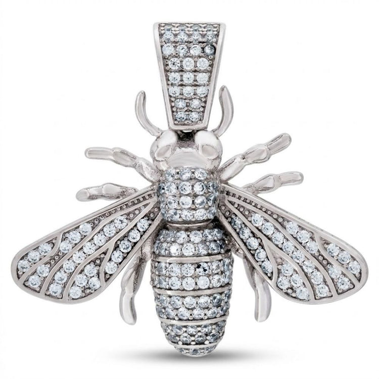 The 925 Sterling Silver Mens Bee Charm Pendant features sparkling clear cubic-zirconia stones on its wings, body, and bail, shown against a plain white background.