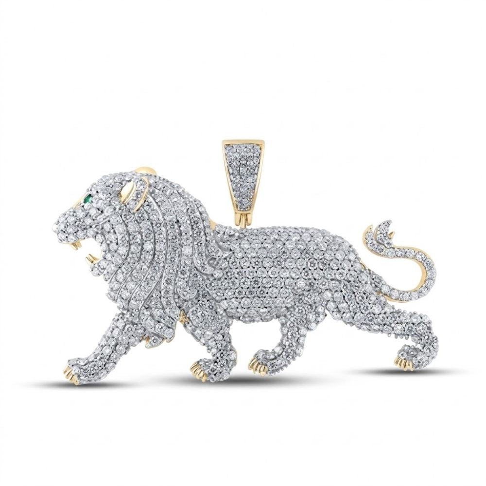Showcased on a white background, the 10K Gold Diamond Lion Charm Pendant 5.5 CTW features dazzling diamonds, an emerald eye, and intricate mane and tail details for a bold hip hop look. The lion stride and open mouth add striking appeal.