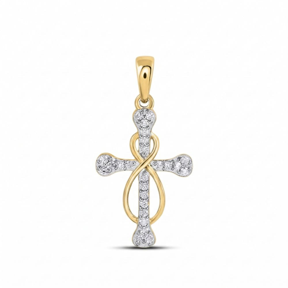 The 1/5CTW Diamond Cross Pendant in 10K Yellow Gold features a delicate twist design with sparkling white diamonds, displayed on a plain white background.