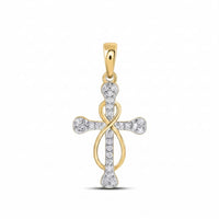 The 1/5CTW Diamond Cross Pendant in 10K Yellow Gold features a delicate twist design with sparkling white diamonds, displayed on a plain white background.