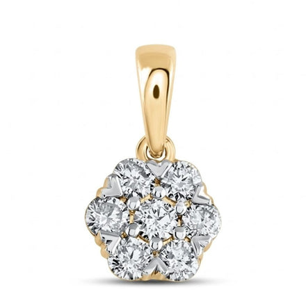The 10K Gold Diamond Flower Pendant 1/2 CTW features seven round white diamonds in a floral cluster, creating a sparkling flower design—an elegant fine jewelry piece.