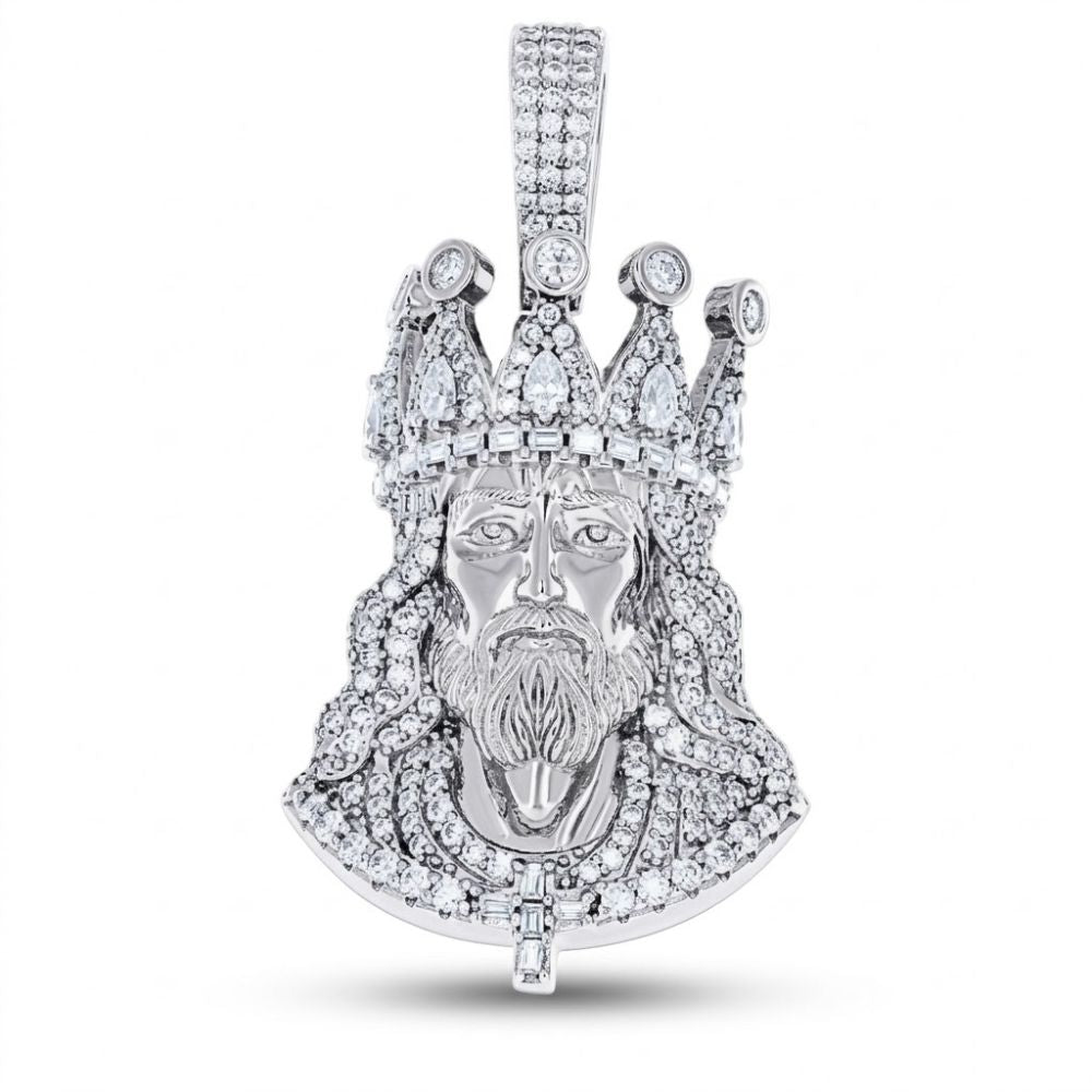 The Men’s Moissanite Jesus Pendant in 925 Silver features a bold design with a crowned head, detailed facial features, flowing hair and beard, all encrusted with sparkling moissanite stones for a striking hip hop style.