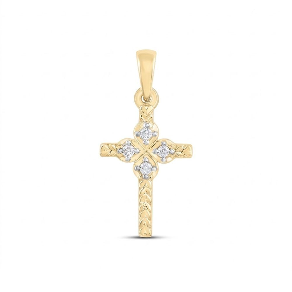 The 1/20CTW Natural Diamond Cross Pendant in 10K gold showcases an engraved pattern with five round natural diamonds on the center and arms, displayed against a white background.