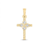 The 1/20CTW Natural Diamond Cross Pendant in 10K gold showcases an engraved pattern with five round natural diamonds on the center and arms, displayed against a white background.