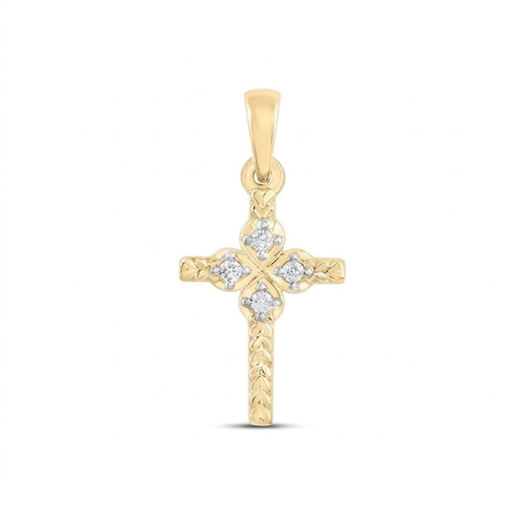 The 1/20CTW Natural Diamond Cross Pendant in 10K gold showcases an engraved pattern with five round natural diamonds on the center and arms, displayed against a white background.