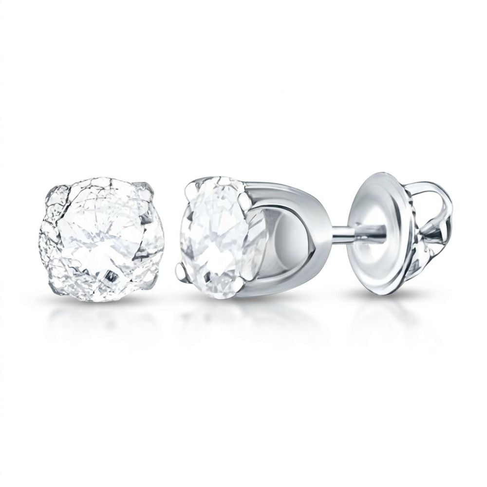 7/8CTW Unisex Round Cut Diamond Solitaire Stud Earrings in 14k white gold with screw-back settings, shown on a white background.