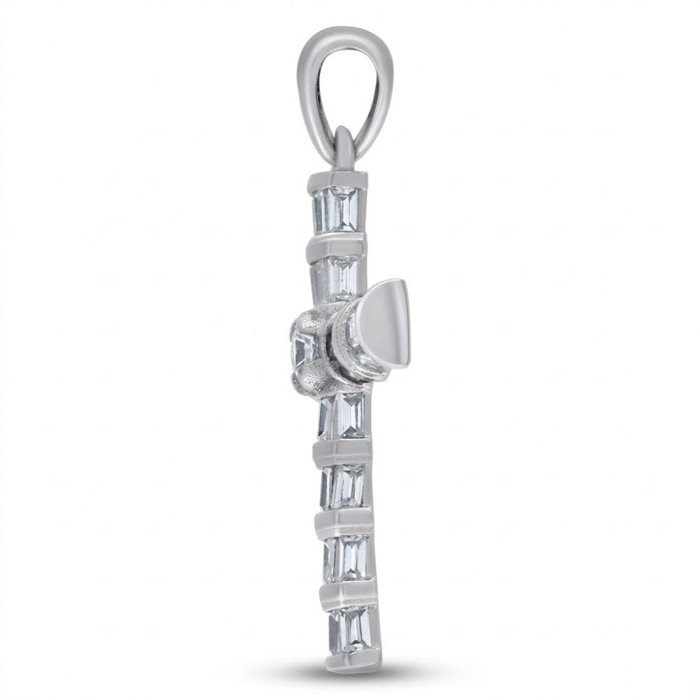 The 925 Sterling Silver Men's Baguette CZ Cross Pendant features a cross design accented with rectangular cubic zirconia stones and is photographed against a white background.