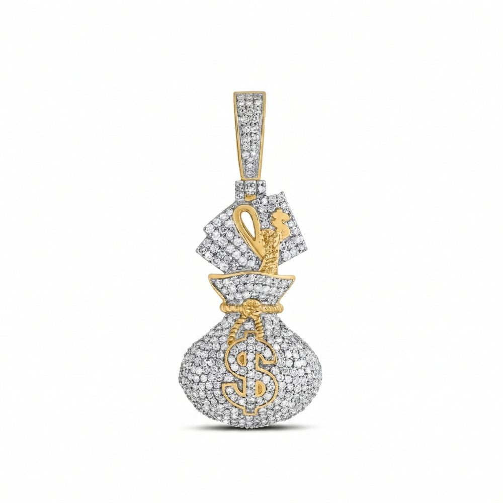 The 7/8CTW NAT DIA Money Bag Dollar Men’s Charm is crafted in 10K gold, featuring natural diamonds with gold dollar signs and bills on a white background.