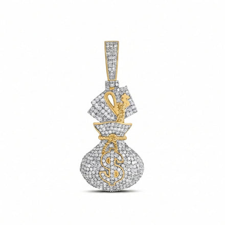 The 7/8CTW NAT DIA Money Bag Dollar Men’s Charm is crafted in 10K gold, featuring natural diamonds with gold dollar signs and bills on a white background.