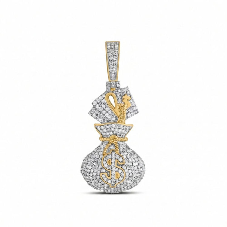 The 7/8CTW NAT DIA Money Bag Dollar Men’s Charm is crafted in 10K gold, featuring natural diamonds with gold dollar signs and bills on a white background.