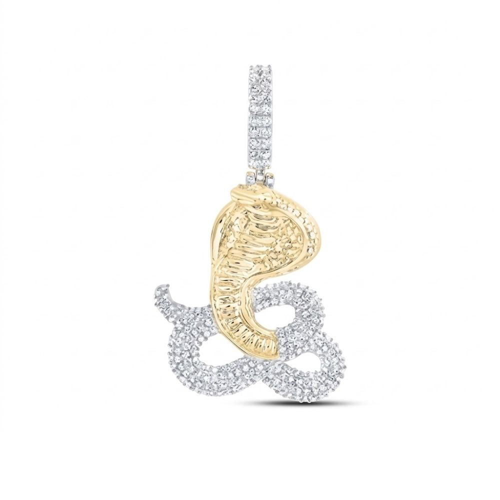 The 10k Yellow Gold Diamond Snake Men’s Charm 1 1/5 Cttw features a detailed cobra design with an upright hood, looped diamond-studded accents, and a diamond-encrusted bail—an eye-catching piece of men's jewelry.