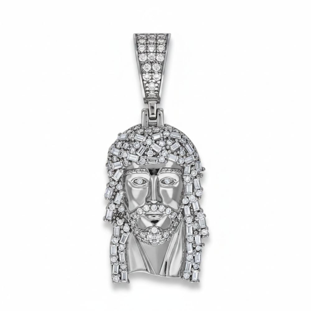 The Baguette Round Moissanite Jesus Religious Pendant features a bearded face with long hair, set in sterling silver and encrusted with sparkling moissanite stones, plus a diamond-adorned bail for a bold statement of faith.