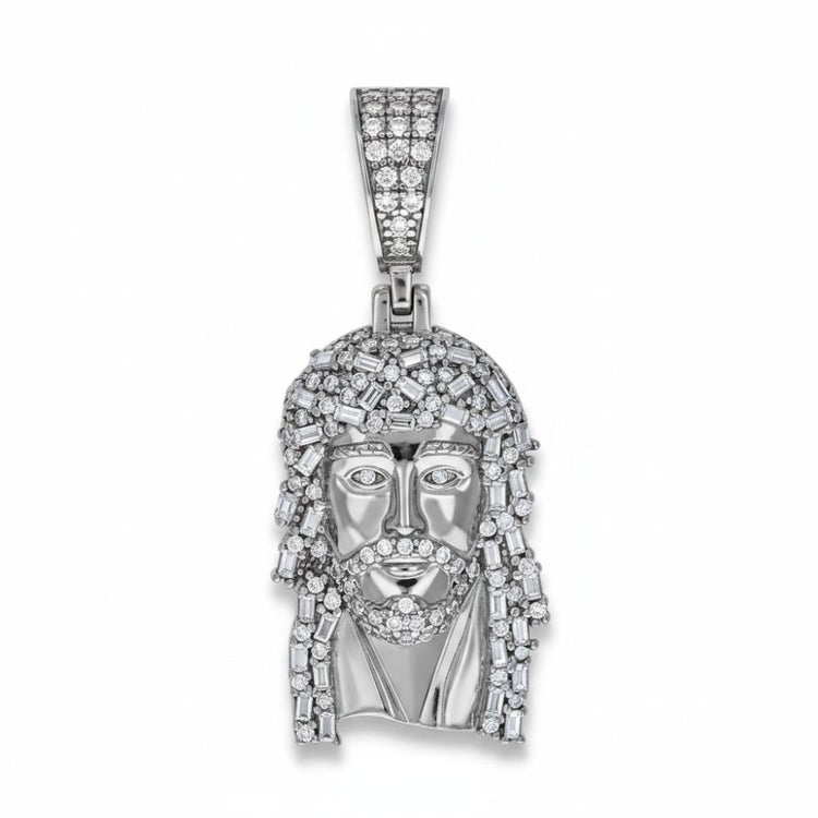 The Baguette Round Moissanite Jesus Religious Pendant features a bearded face with long hair, set in sterling silver and encrusted with sparkling moissanite stones, plus a diamond-adorned bail for a bold statement of faith.