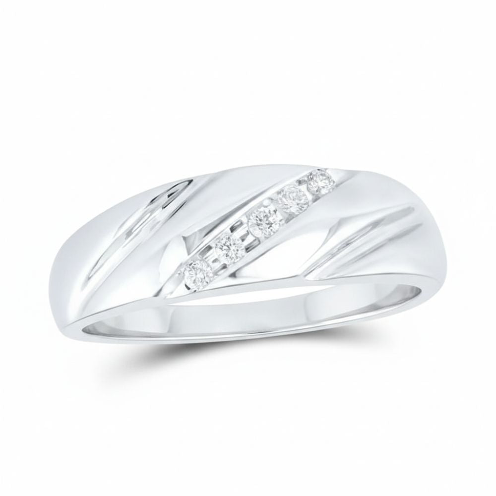 A modern, elegant 10k yellow gold diamond wedding band – 1/10 cttw, featuring a polished finish and a row of five small round diamonds set diagonally with sleek, slightly curved grooves in the band.