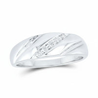 A modern, elegant 10k yellow gold diamond wedding band – 1/10 cttw, featuring a polished finish and a row of five small round diamonds set diagonally with sleek, slightly curved grooves in the band.