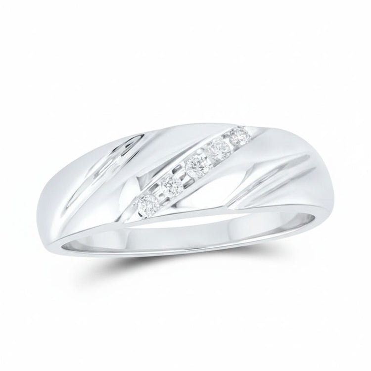 A modern, elegant 10k yellow gold diamond wedding band – 1/10 cttw, featuring a polished finish and a row of five small round diamonds set diagonally with sleek, slightly curved grooves in the band.