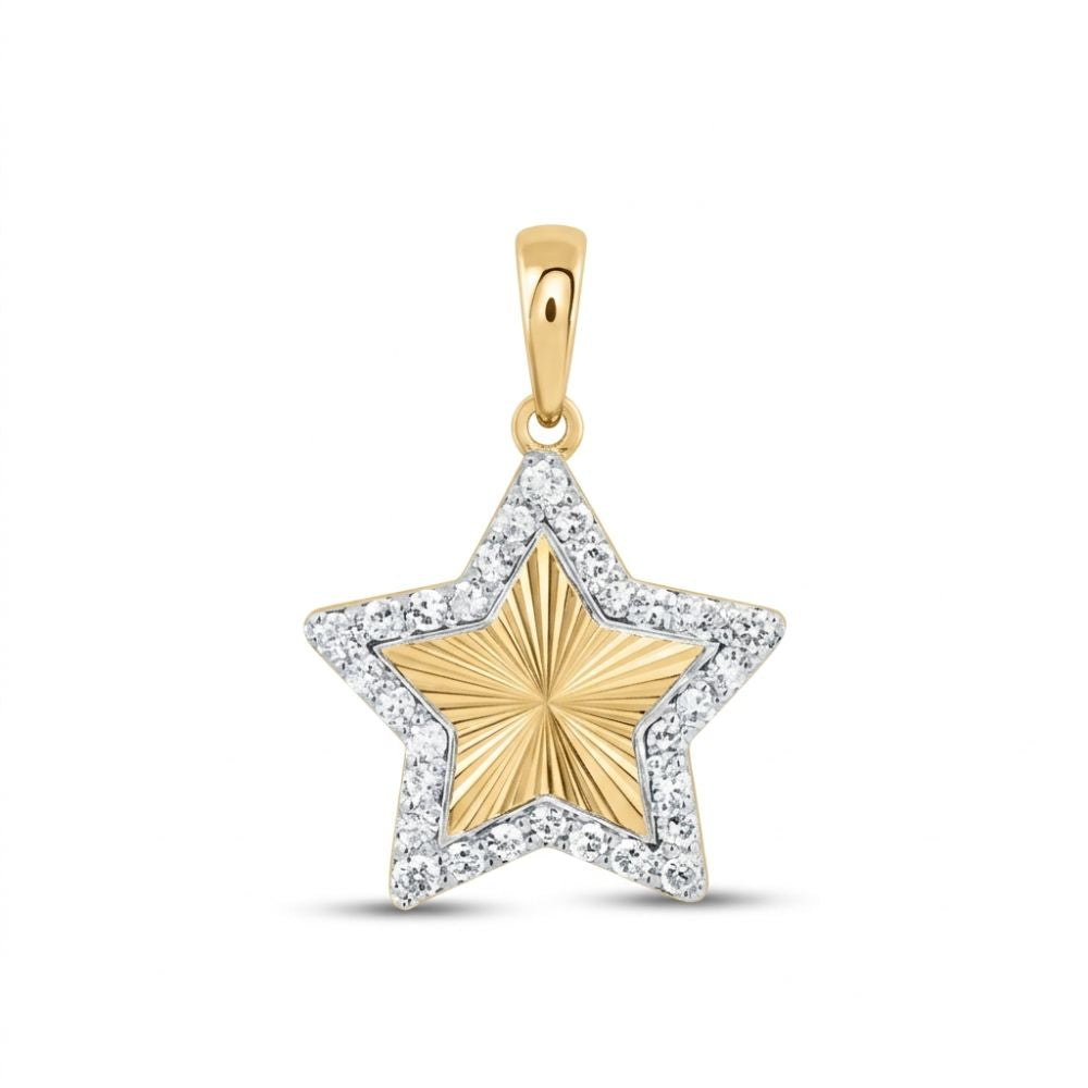 The 1/6CTW Natural Diamond Star Pendant in 10K gold features a gold star with a textured center, a diamond-accented border, and a gold bail—an elegant choice for any necklace.